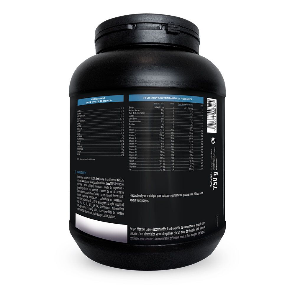 Dos du pot noir EA Fit Milk&Egg 95 Micellaire Fruits rouges. Contient informations nutritionnelles et ingrédients. Poids: 750 g.