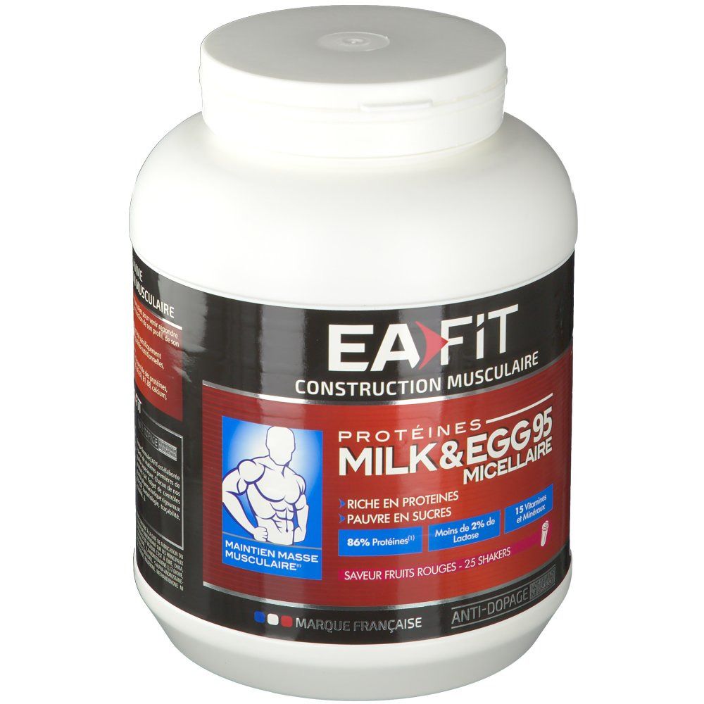 Pot blanc EA Fit Milk&Egg 95 Micellaire Fruits rouges. Inscription: Milk&Egg 95 Micellaire, protéines, masse musculaire. Logo et texte.