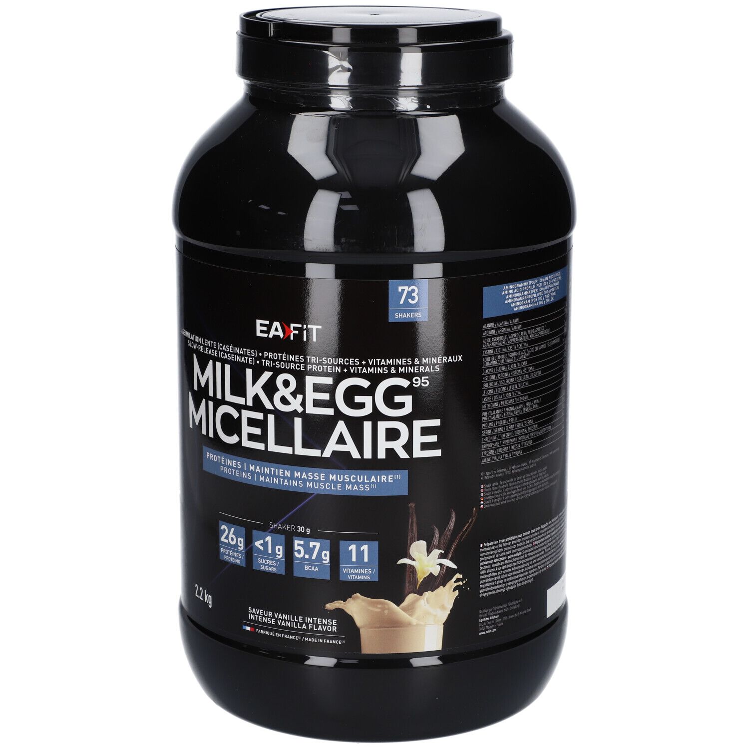 Schwarzer Behälter mit EA-FIT Milk&Egg95 Micellaire. Aufschrift: Proteine, 2,2 kg, Vanille-Geschmack. Abbildung: Vanille-Dessert.