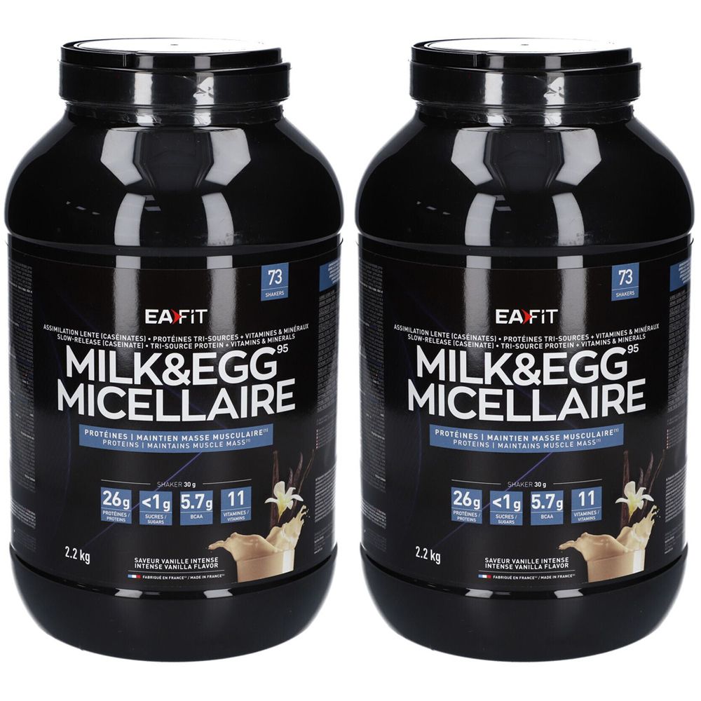 Zwei schwarze Behälter mit EA-FIT Milk&Egg95 Micellaire. Aufschrift: Proteine, 2,2 kg, Vanille-Geschmack. Abbildung: Vanille-Dessert.