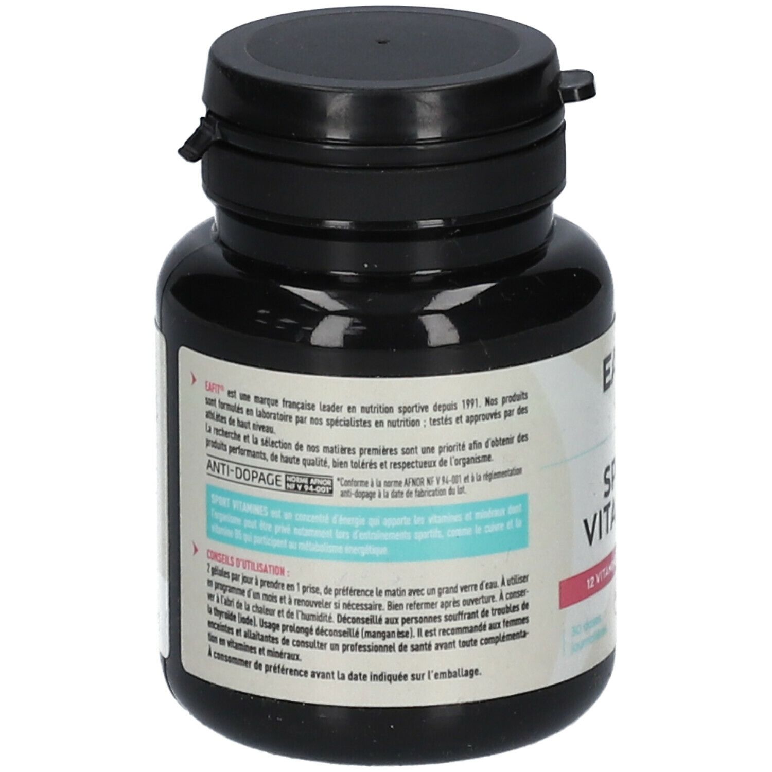 Dos du flacon noir "EA FIT CARE Sport Vitamines". Informations textuelles et ingrédients.