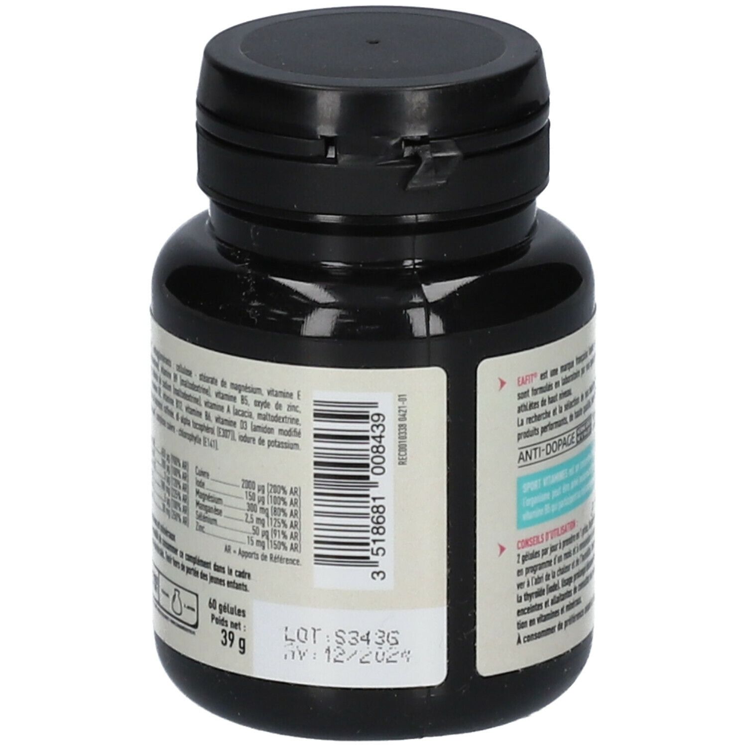 Dos du flacon noir "EA FIT CARE Sport Vitamines". Informations nutritionnelles, numéro de lot et date de péremption.