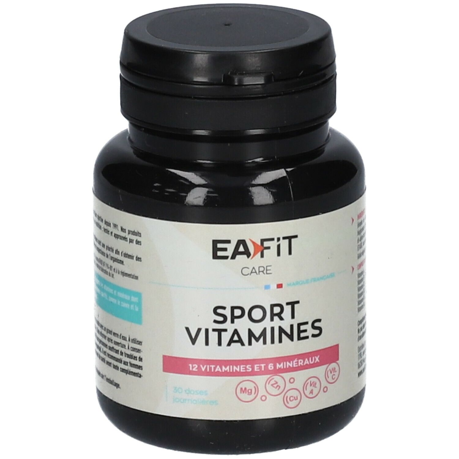 Flacon noir "EA FIT CARE Sport Vitamines". Contient 12 vitamines et 6 minéraux. 60 gélules.