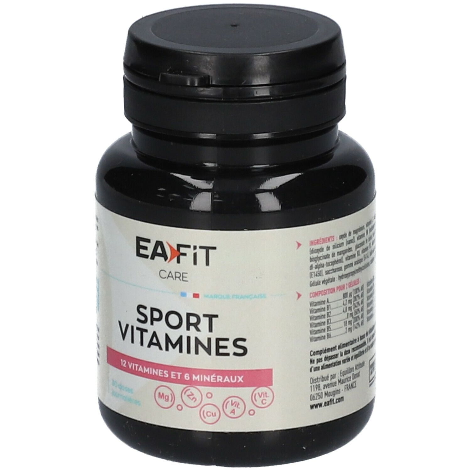 Flacon noir "EA FIT CARE Sport Vitamines". Contient 12 vitamines et 6 minéraux. 60 gélules.
