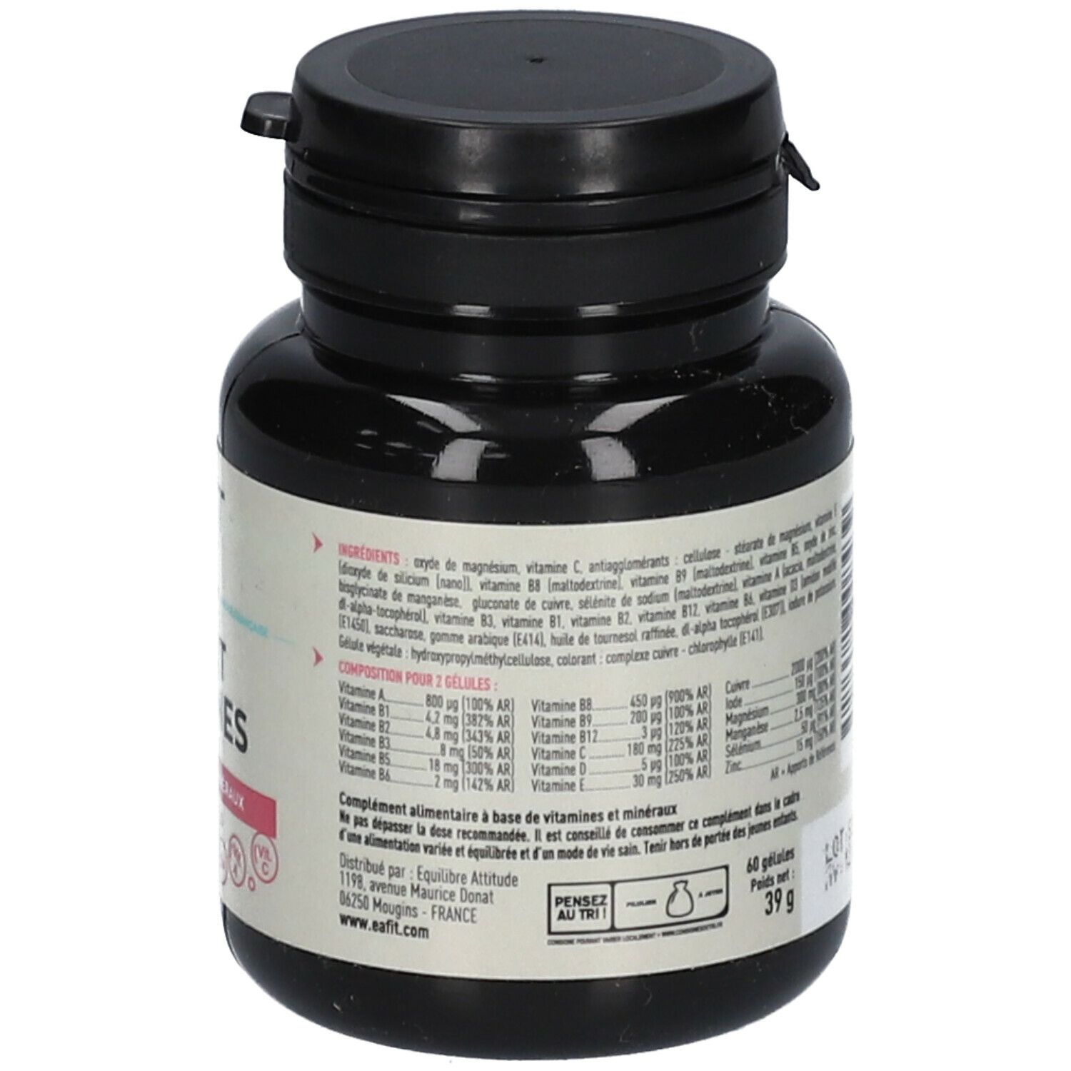 Dos du flacon noir "EA FIT CARE Sport Vitamines". Ingrédients et informations nutritionnelles.