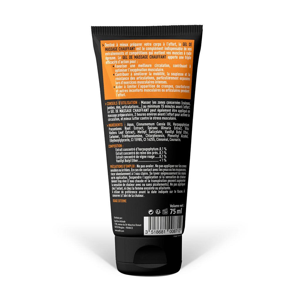 Dos du tube EA Fit Care Gel de Massage Chauffant. Inscriptions: ingrédients, conseils d'utilisation, avertissements. Volume: 75 ml.