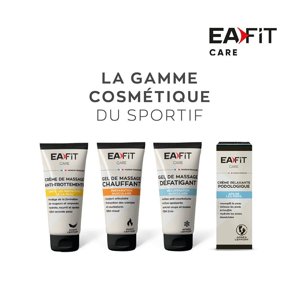 Gamme de produits EA Fit Care. Produits: Crème de Massage Anti-frottements, Gel de Massage Chauffant, Gel Défatigant, Crème Relaxante Podologie.