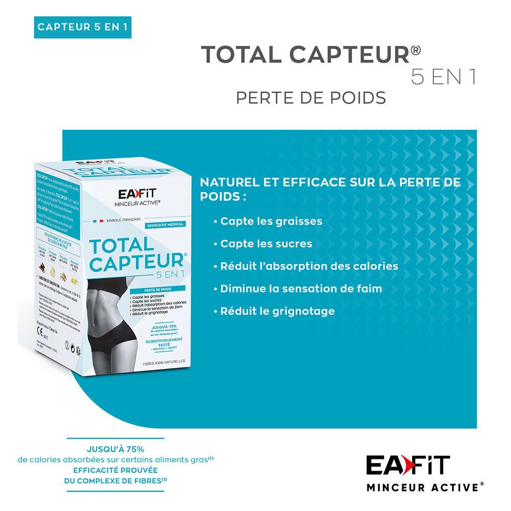 Boîte EA Fit Total Capteur® 5 en 1 sur fond bleu. Texte : TOTAL CAPTEUR® 5 EN 1, Perte de poids.