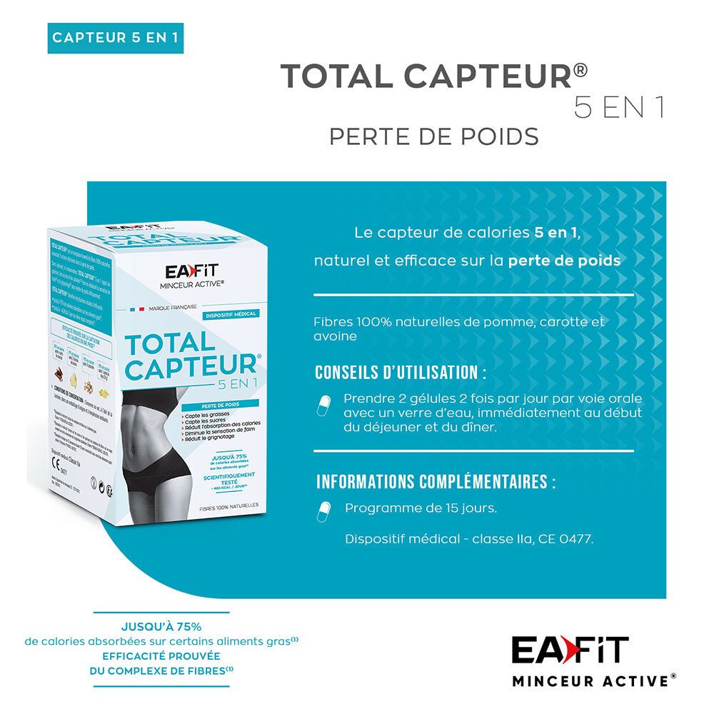 Boîte EA Fit Total Capteur® 5 en 1 sur fond bleu. Texte : TOTAL CAPTEUR® 5 EN 1, Perte de poids. Conseils d'utilisation.