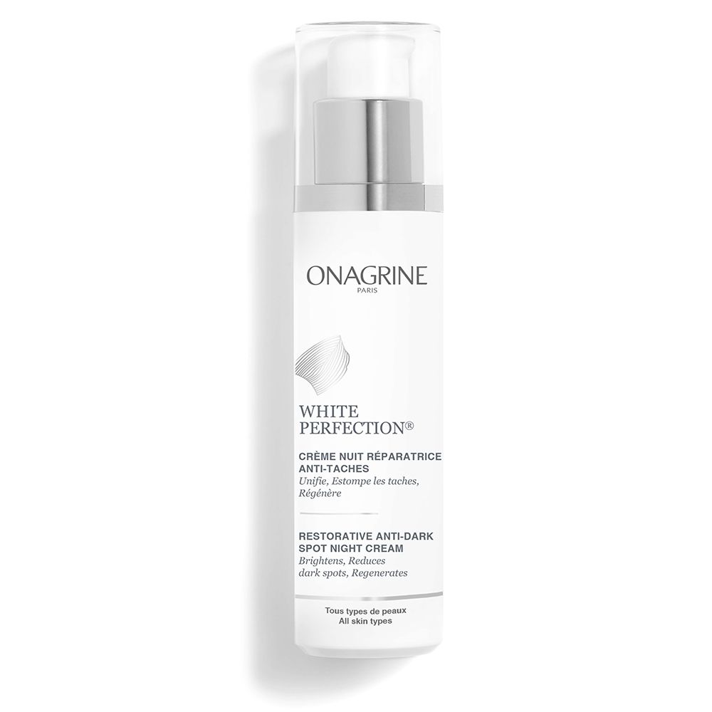 Flacon blanc avec pompe argentée. Inscription : Onagrine, White Perfection, Crème Nuit Réparatrice Anti-taches.