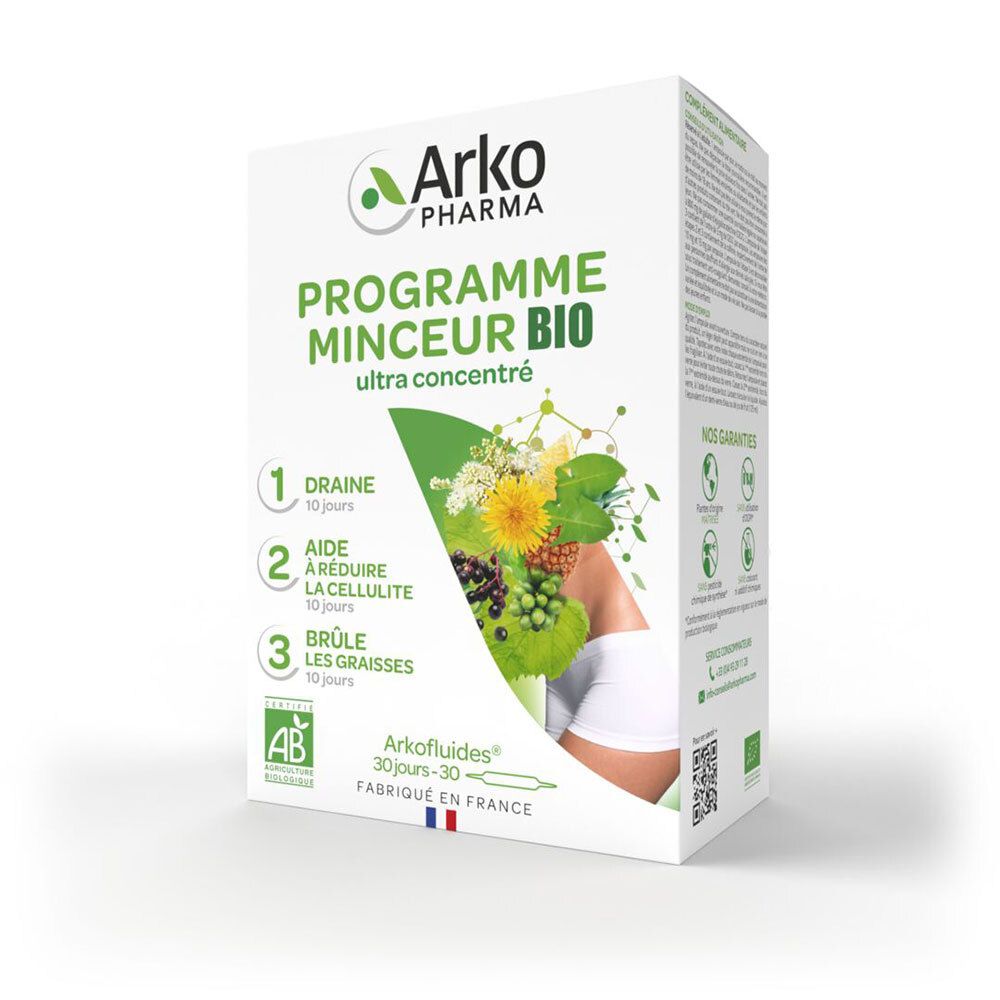 Boîte blanche, Arkopharma 'Programme Minceur BIO'. Texte: 'Draine', 'Aide à réduire la cellulite', 'Brûle les graisses'.