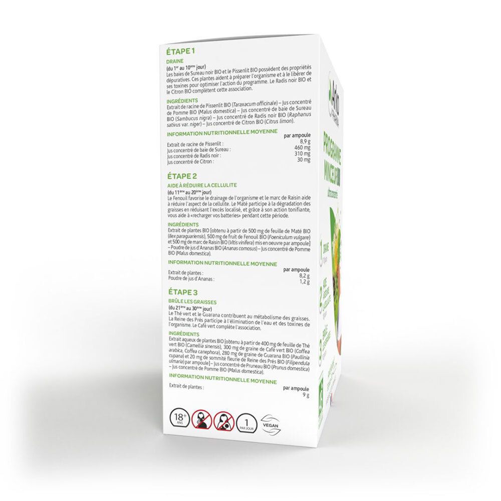 Dos de l'emballage du produit. Texte en français. Liste des ingrédients, informations nutritionnelles, mode d'emploi.