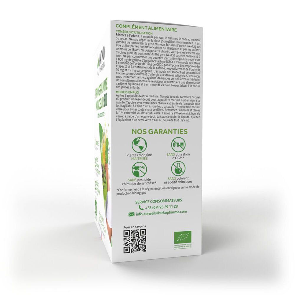 Dos de l'emballage. Texte en français. Informations sur les garanties, le service client et le code QR.