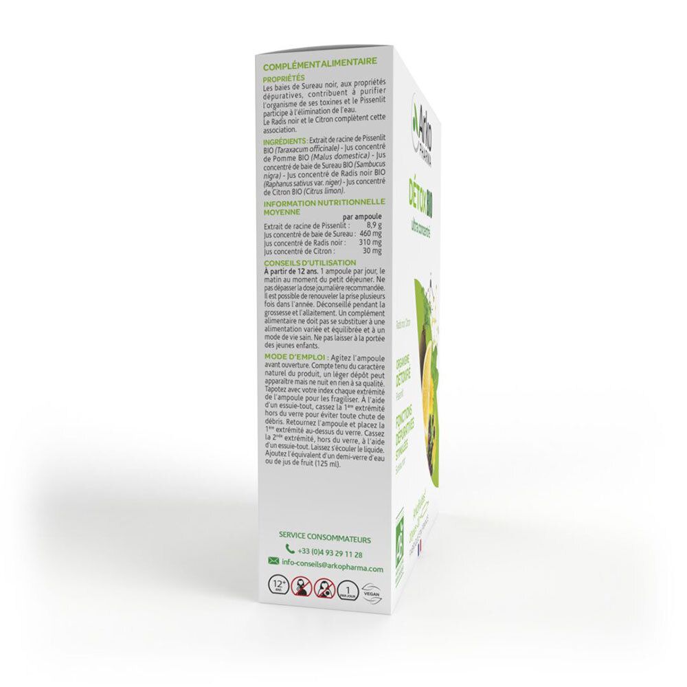 Arkopharma Arkofluides® Detox BIO Ampoule. Vue latérale de l'emballage avec texte et ingrédients. Certification AB Bio.
