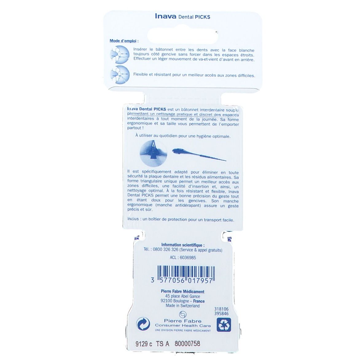 Dos de l'emballage Inava Dental Picks. Informations produit et mode d'emploi.