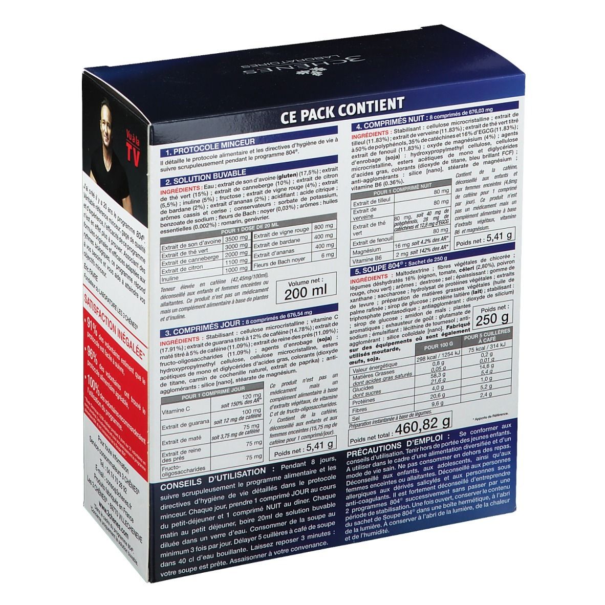 Dos de la boîte "804 Pack Minceur". Contient du texte avec ingrédients et informations nutritionnelles. Marque visible.