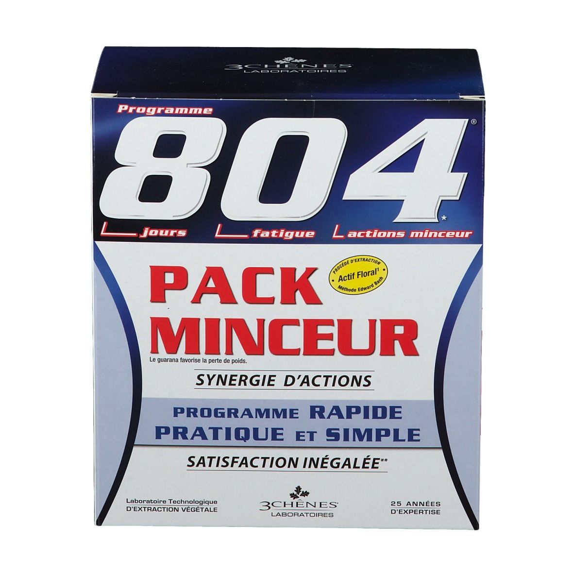 Boîte "804 Pack Minceur". Emballage bleu et blanc avec texte rouge. Contient des informations sur le produit et la marque.