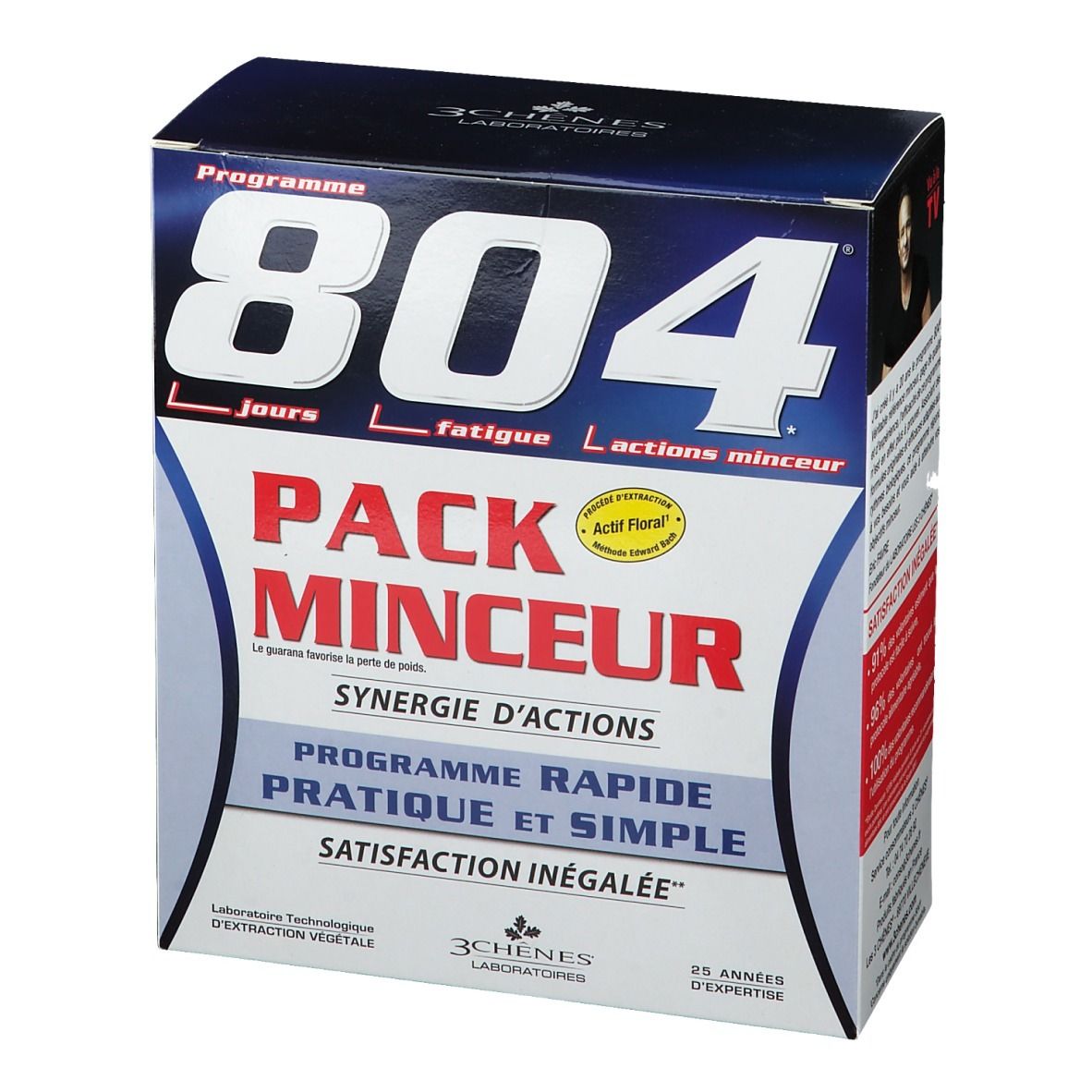 Boîte "804 Pack Minceur". Emballage bleu et blanc avec texte rouge. Contient des informations sur le produit et la marque.