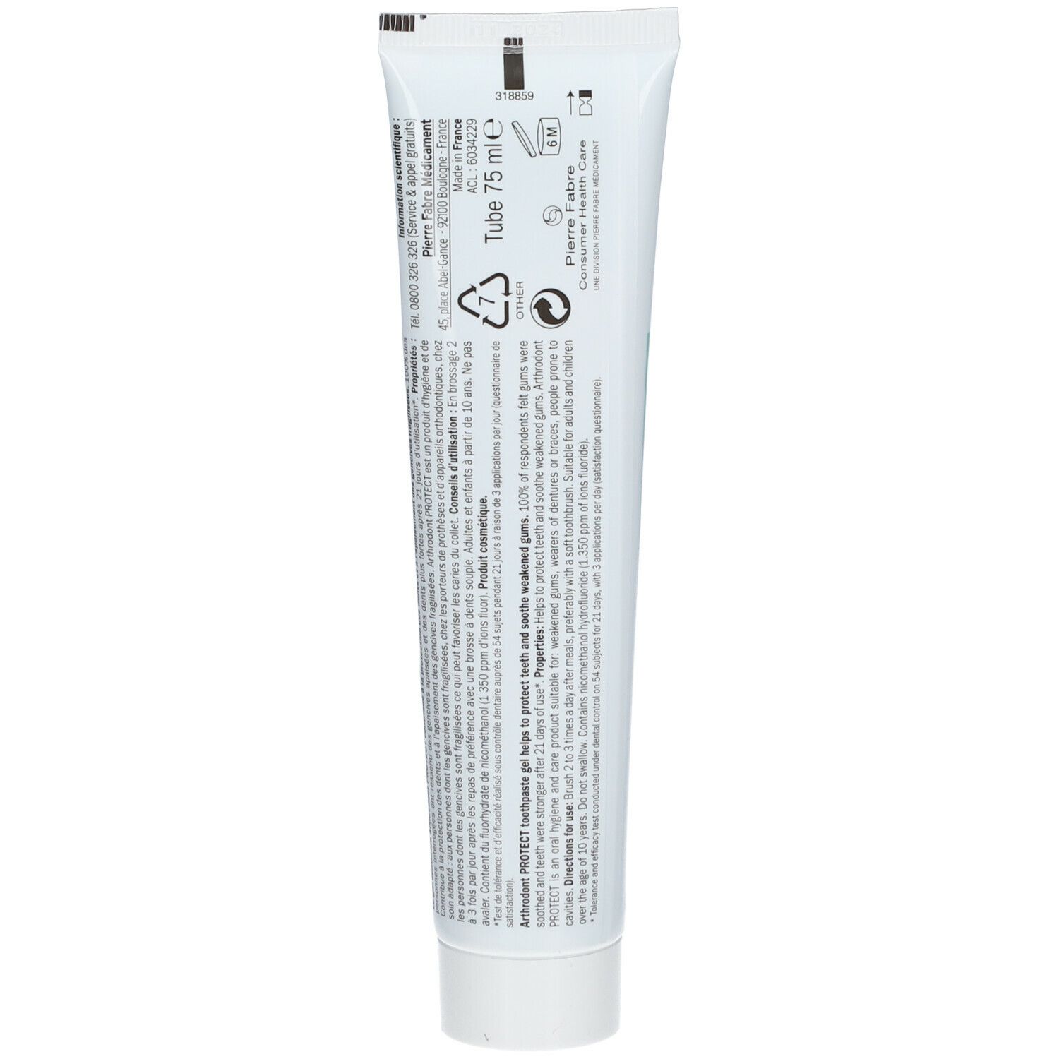 Rückseite einer weißen Tube. Text: Arthrodont PROTECT, Inhaltsstoffe, Herstellerinformationen, 75 ml.
