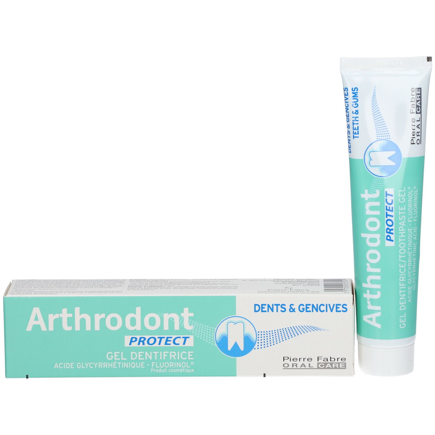 Zahncreme-Tube und Schachtel. Beschriftung: Arthrodont PROTECT, Zähne & Zahnfleisch, Pierre Fabre Oral Care.