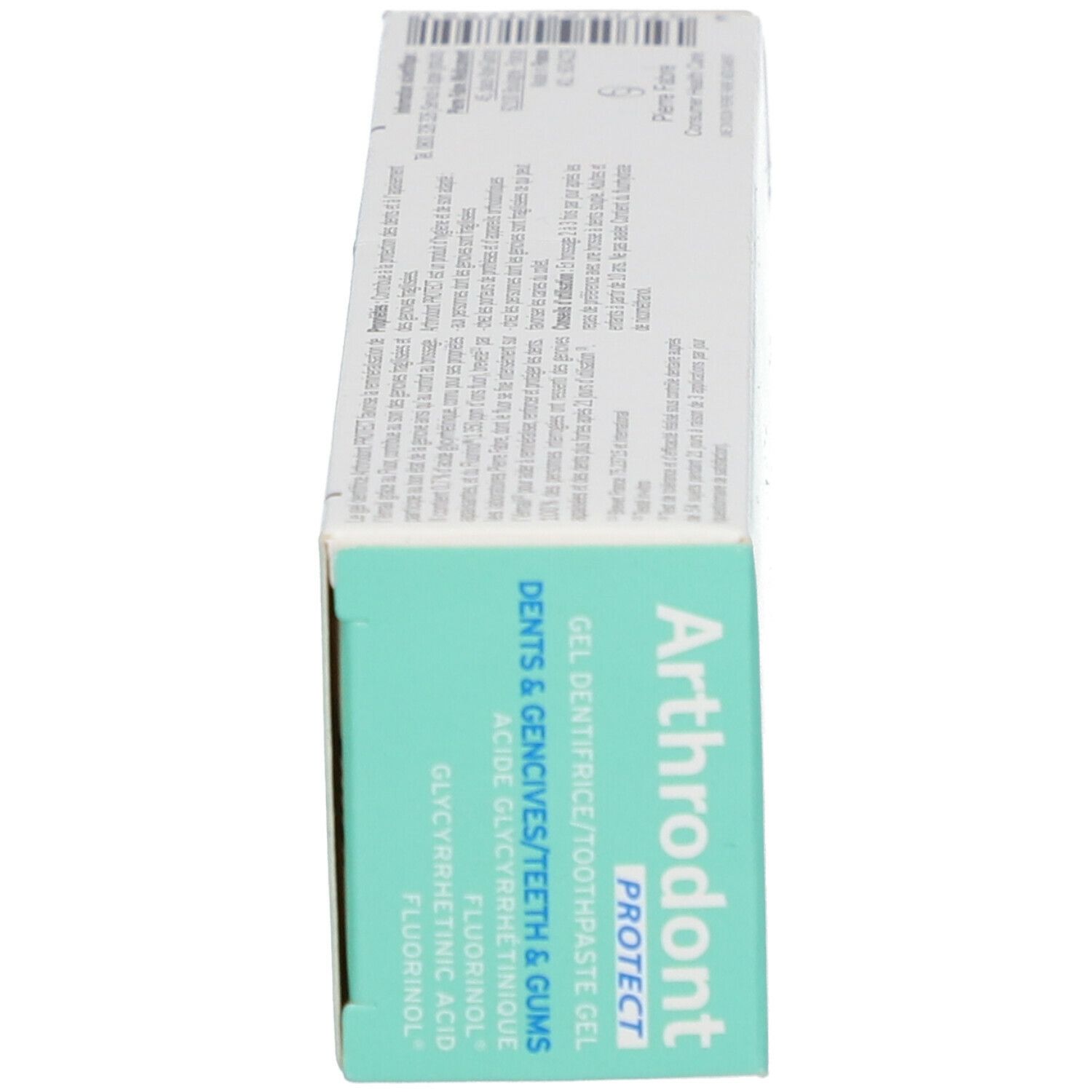 Schachtel, Seitenansicht. Beschriftung: Arthrodont PROTECT, Inhaltsstoffe, Herstellerinformationen.