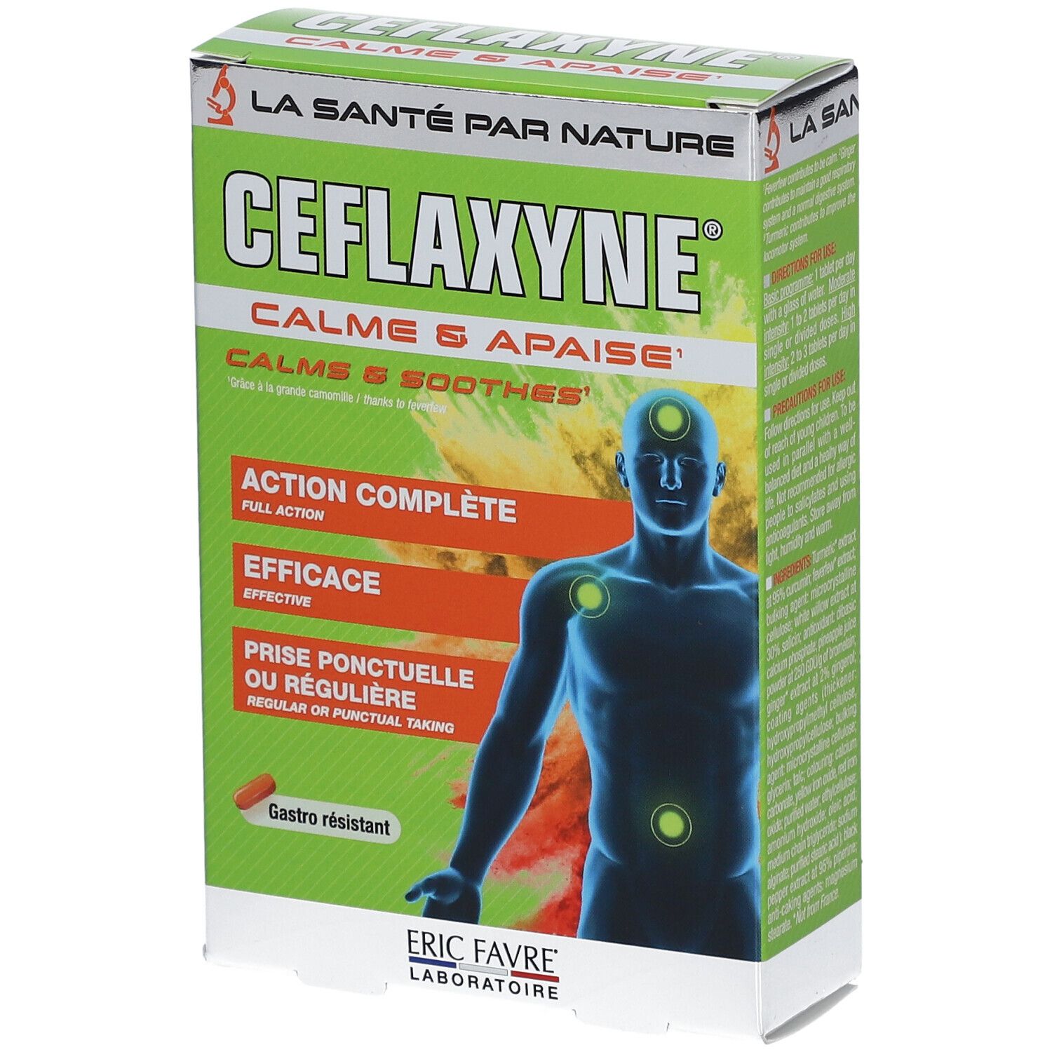 Boîte de Ceflaxyne. Design vert et blanc avec nom du produit et illustration d'un homme. Contient des informations sur l'action.