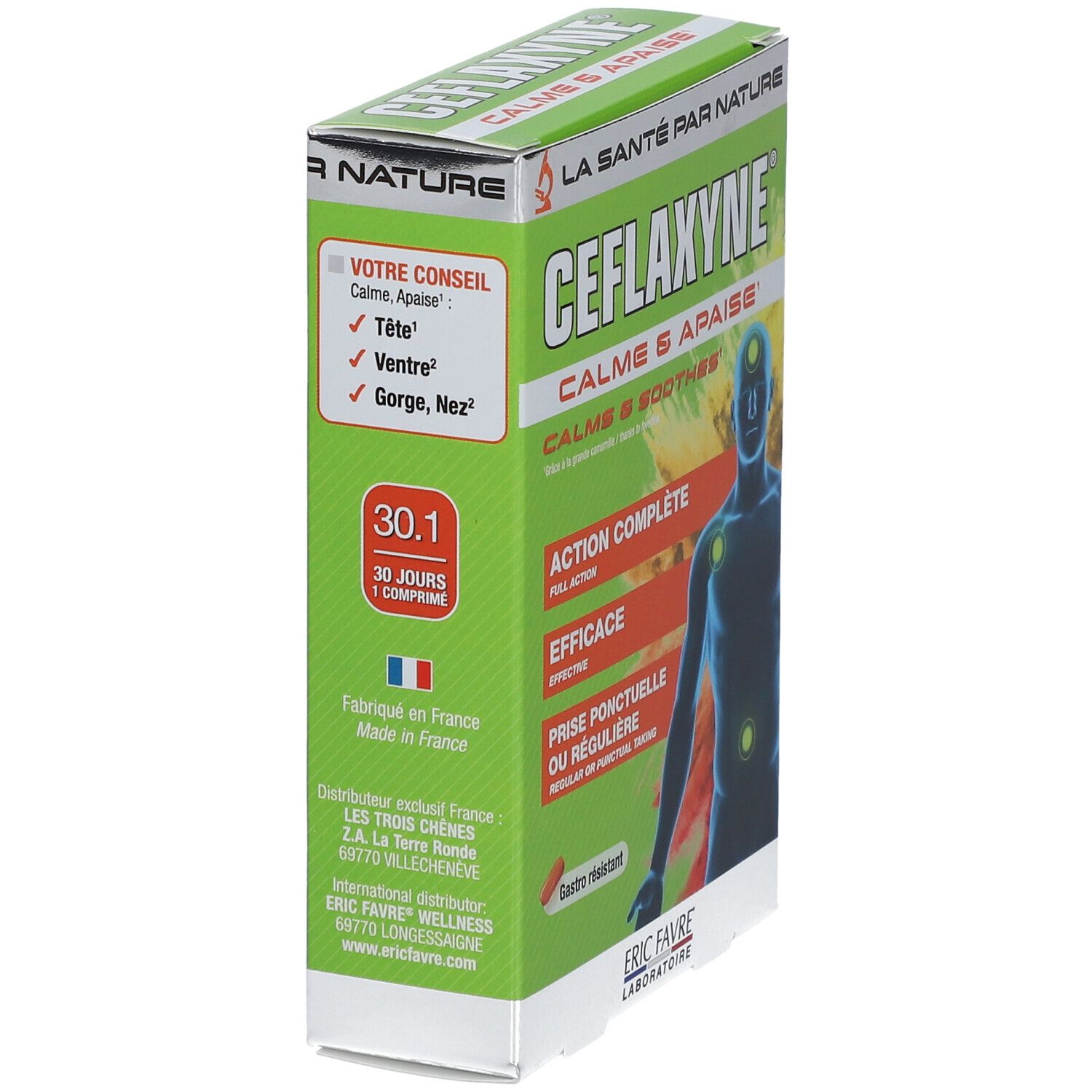 Boîte de Ceflaxyne, vue latérale. Contient des informations sur les ingrédients, le dosage et l'origine. Design vert et blanc.