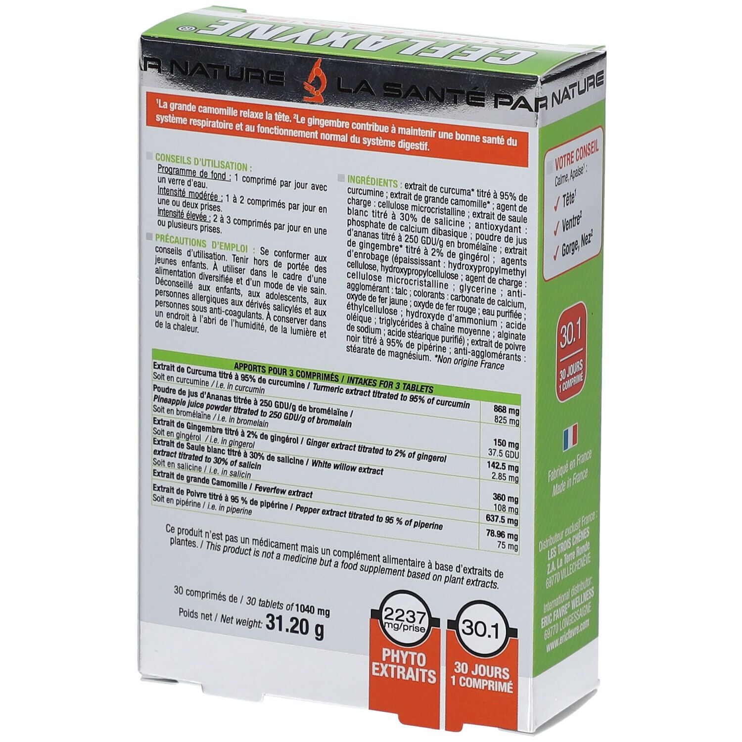 Dos de la boîte de Ceflaxyne. Contient des informations sur les ingrédients, le dosage et le fabricant. Design vert et blanc.