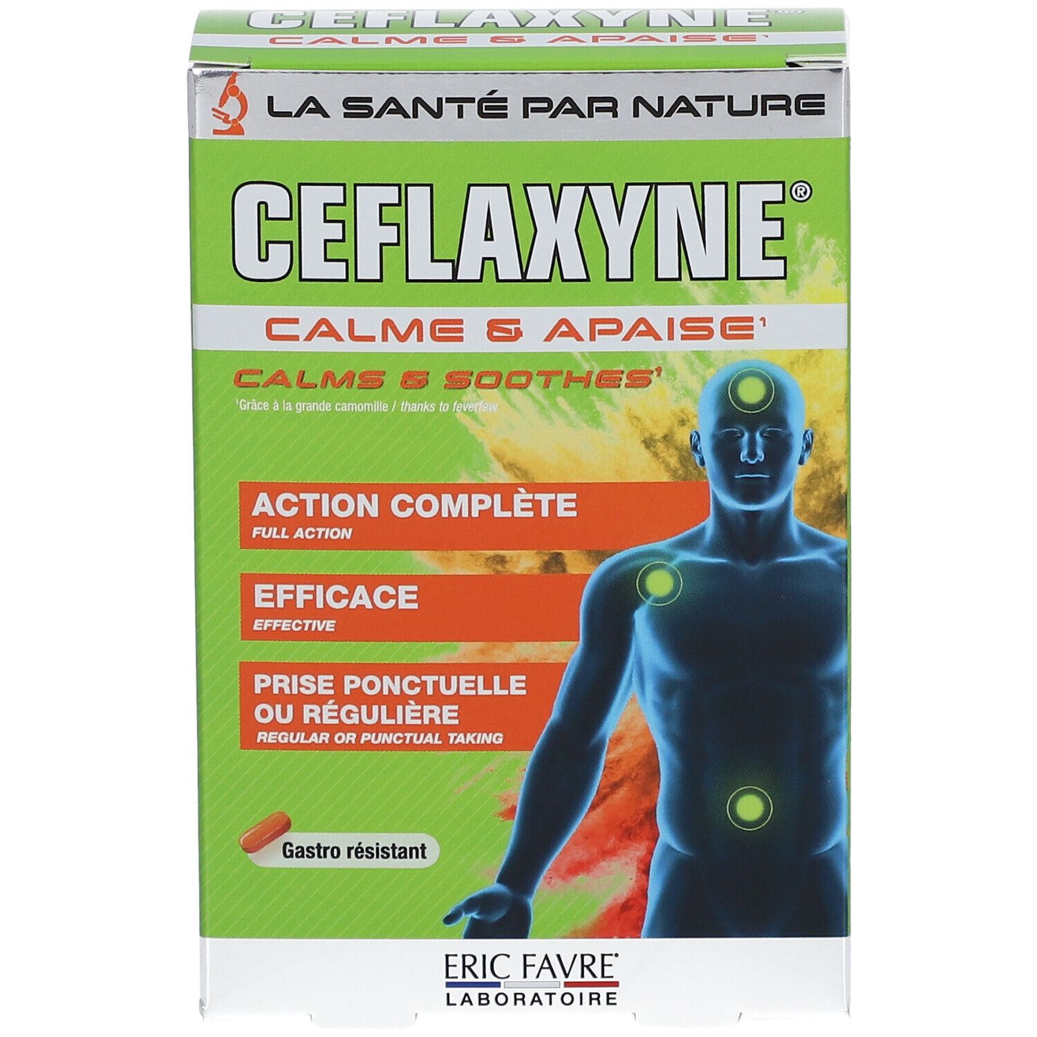 Boîte de Ceflaxyne. Design vert et blanc avec nom du produit et illustration d'un homme. Contient des informations sur l'action.