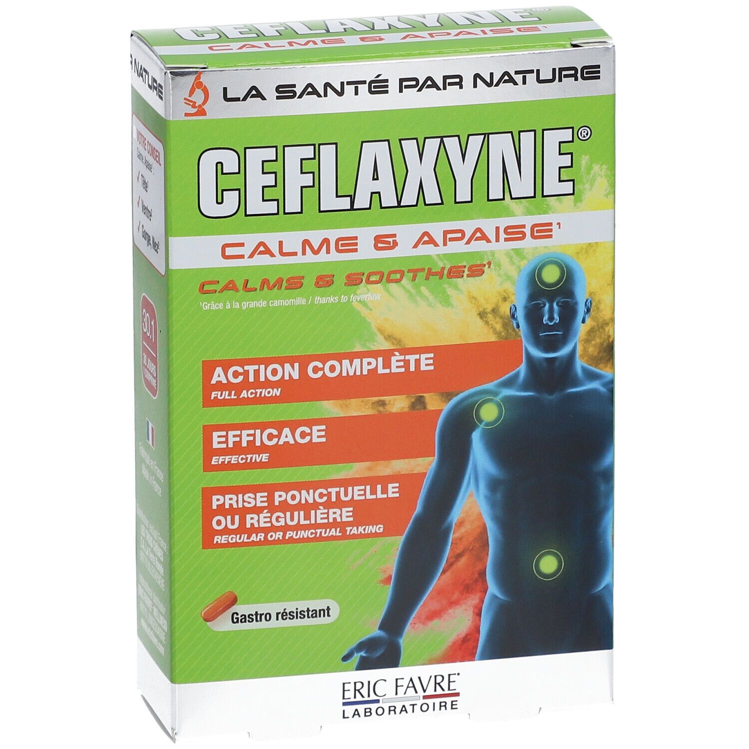 Boîte de Ceflaxyne. Design vert et blanc avec nom du produit et illustration d'un homme. Contient des informations sur l'action.
