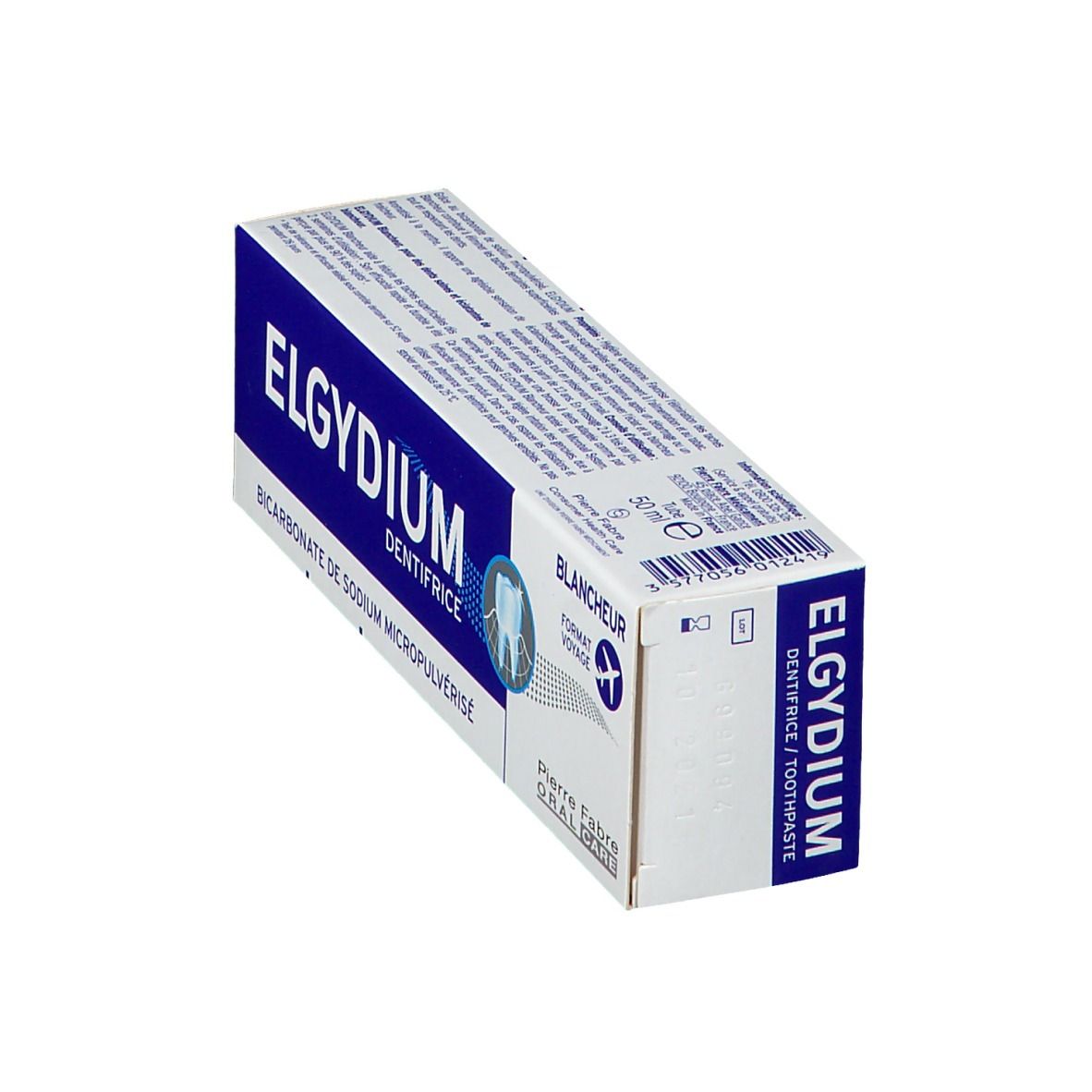 Zahnpasta-Schachtel, blau-weiß. Aufschrift: ELGYDIUM, DENTIFRICE, Bicarbonate de sodium micropulvérisé. Format voyage.