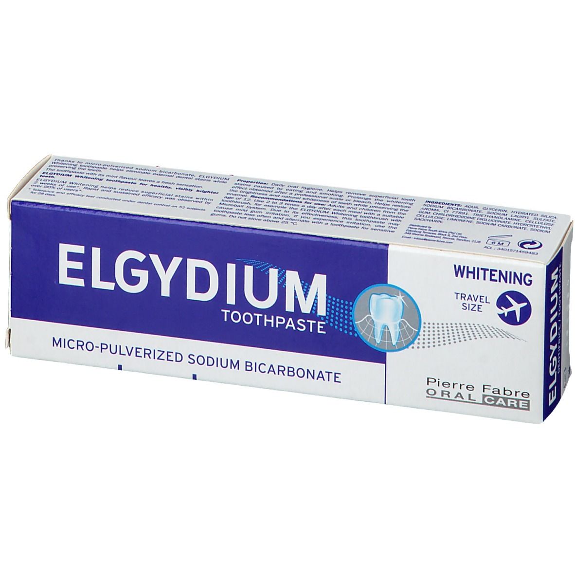 Zahnpasta-Schachtel, blau-weiß. Aufschrift: ELGYDIUM, TOOTHPASTE, MICRO-PULVERIZED SODIUM BICARBONATE. Travel Size.