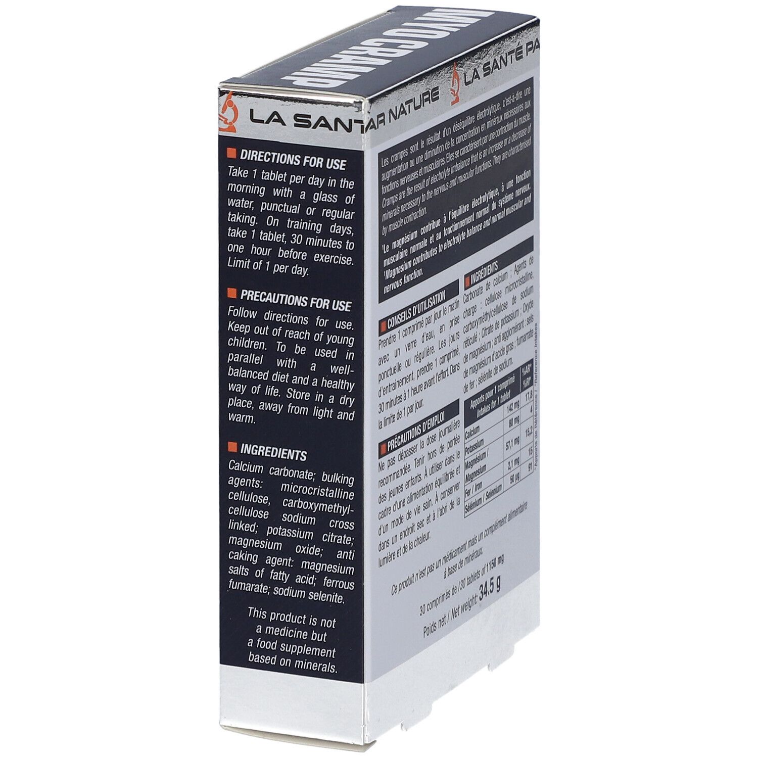 Seitenansicht der Schachtel ERIC FAVRE Myo-Krampf. Text: 'Directions for use', 'Ingredients'.