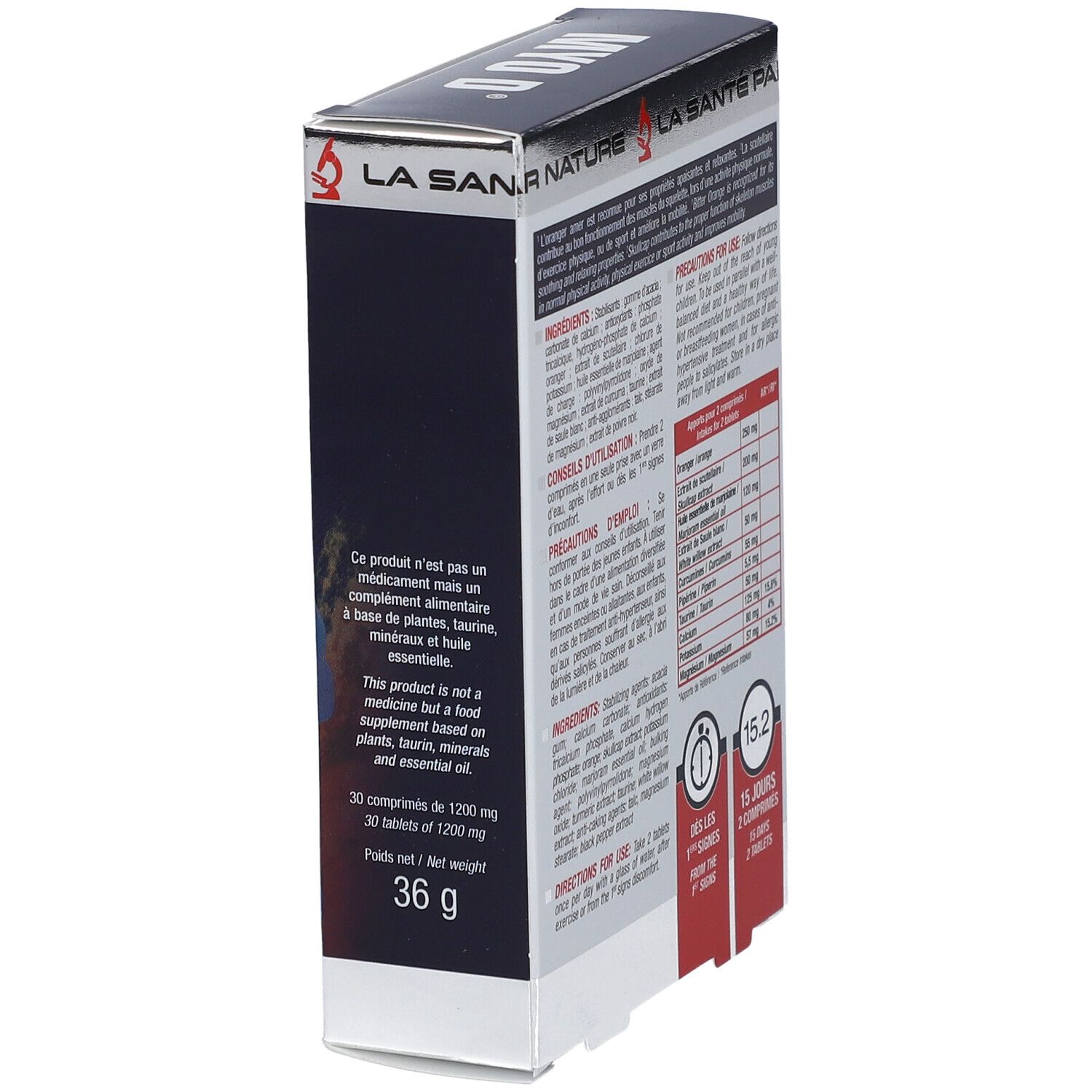 Vue latérale de la boîte "MYO D". Texte: 30 comprimés de 1200 mg. Poids net 36 g. Ingrédients.