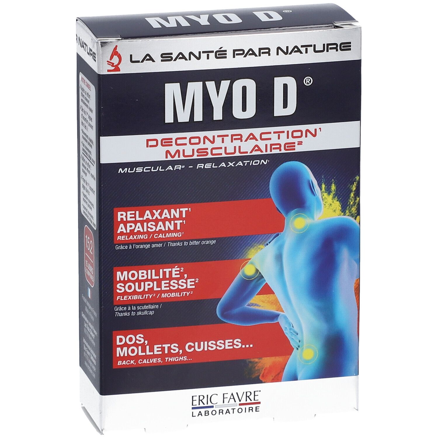 Boîte "MYO D" avec texte "Décontraction musculaire". Illustration dos humain. Marque ERIC FAVRE.