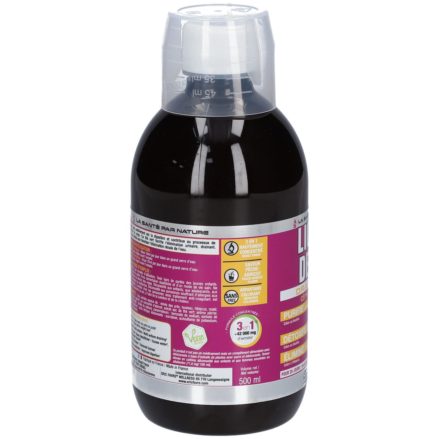 Complément alimentaire en bouteille avec bouchon doseur. Dos avec informations et ingrédients. 500 ml.