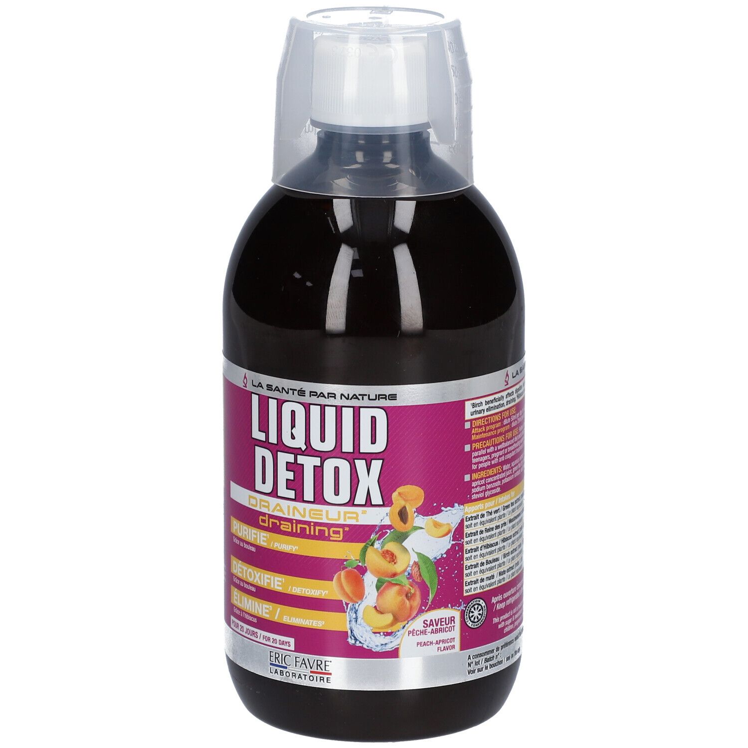 Complément alimentaire liquide en flacon avec bouchon doseur. Étiquette avec nom du produit et illustration de pêche.