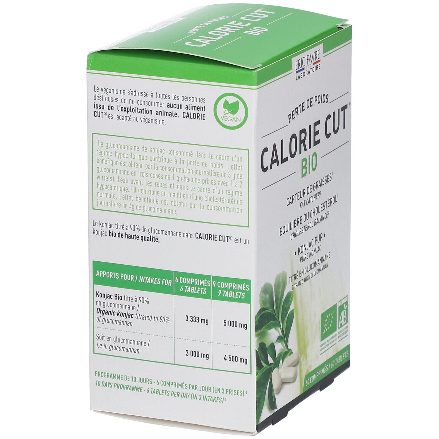 Dos de la boîte verte. Texte : "CALORIE CUT BIO". Contient des informations sur le produit et un tableau.