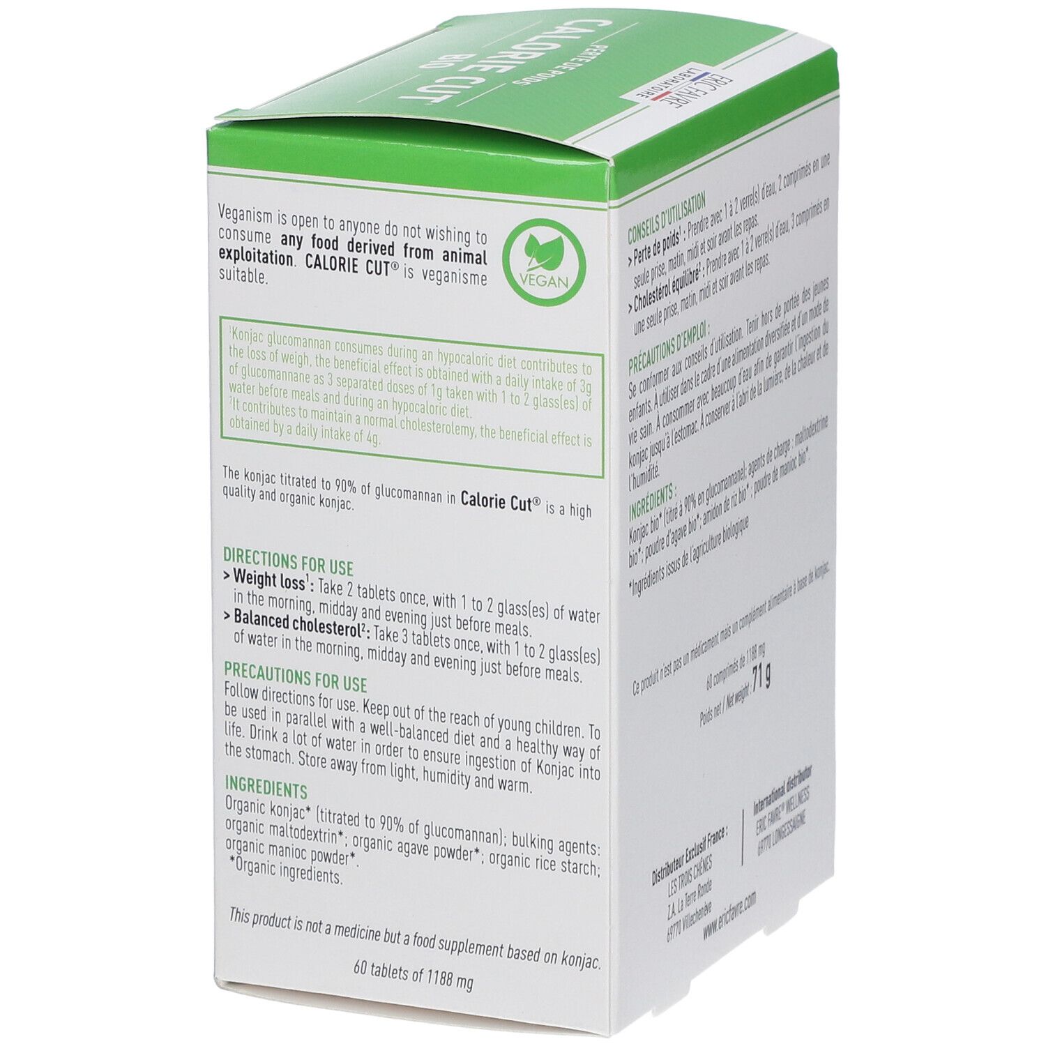 Vue latérale de la boîte verte. Texte : "CALORIE CUT BIO". Contient des informations sur l'utilisation et les ingrédients.
