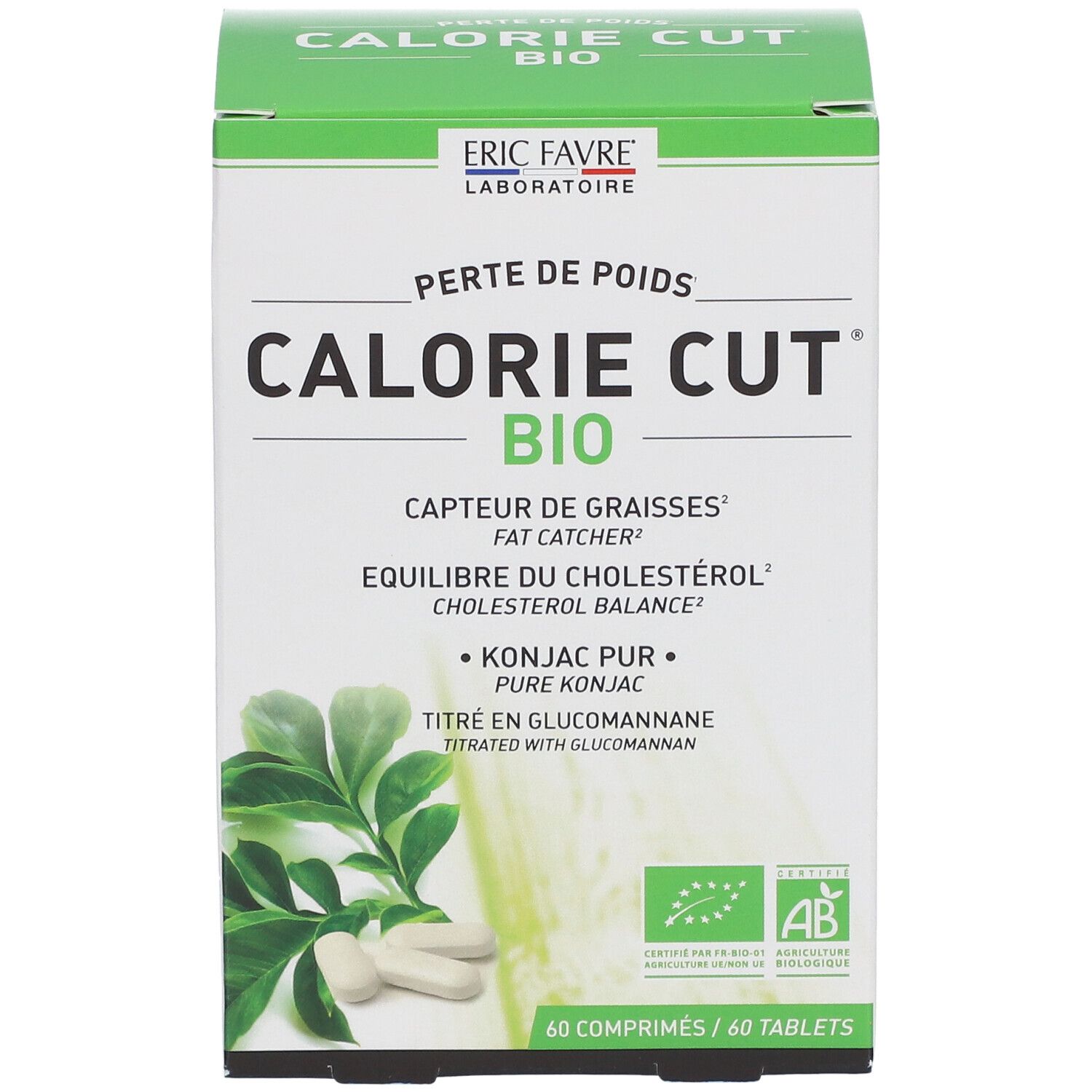 Boîte verte "CALORIE CUT BIO". Comprimés et feuilles visibles. Texte : "Konjac Pur". Certification bio.