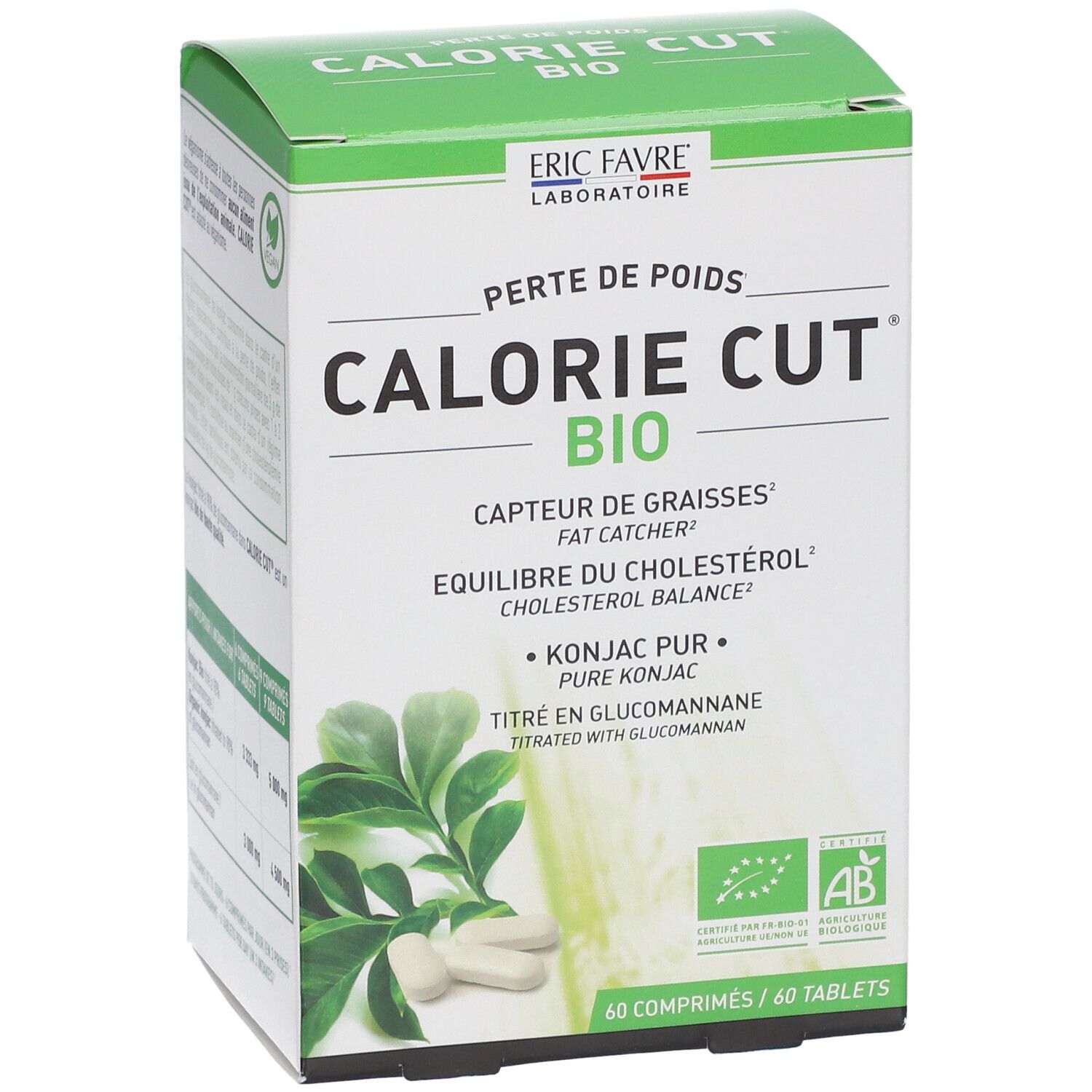 Boîte verte "CALORIE CUT BIO". Comprimés et feuilles visibles. Texte : "Konjac Pur". Certification bio.