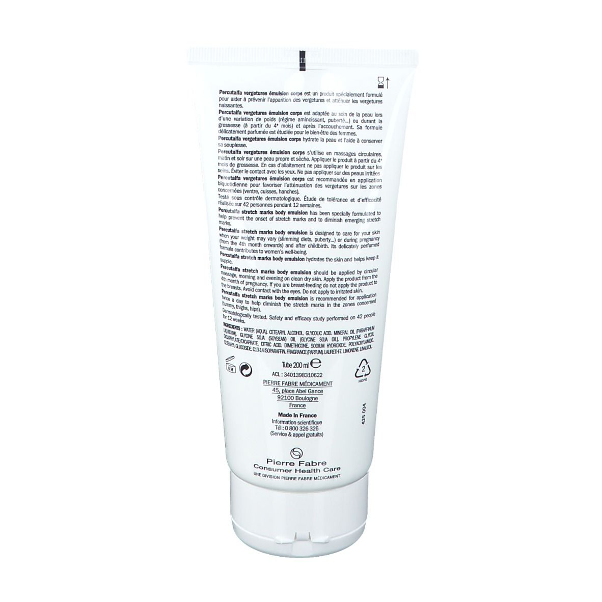 Dos d'un tube blanc. Texte en plusieurs langues. Informations du fabricant et logos. Contient ingrédients et instructions d'utilisation.
