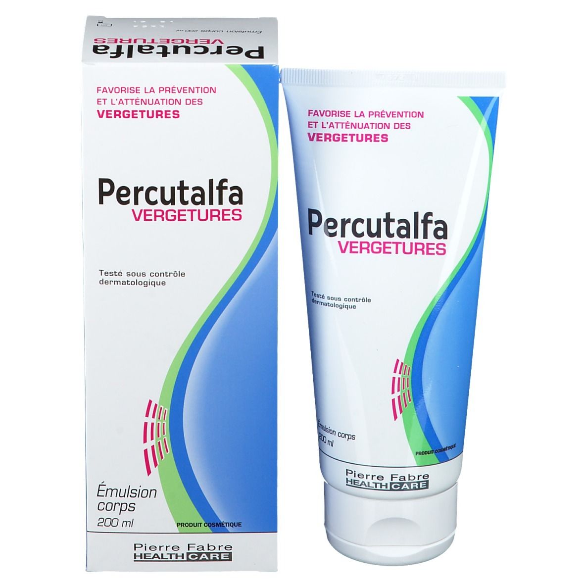 Emballage et tube du produit. Emballage: blanc avec des accents bleus et verts. Inscription: Percutalfa Vergetures. Tube: blanc avec des accents bleus et verts.