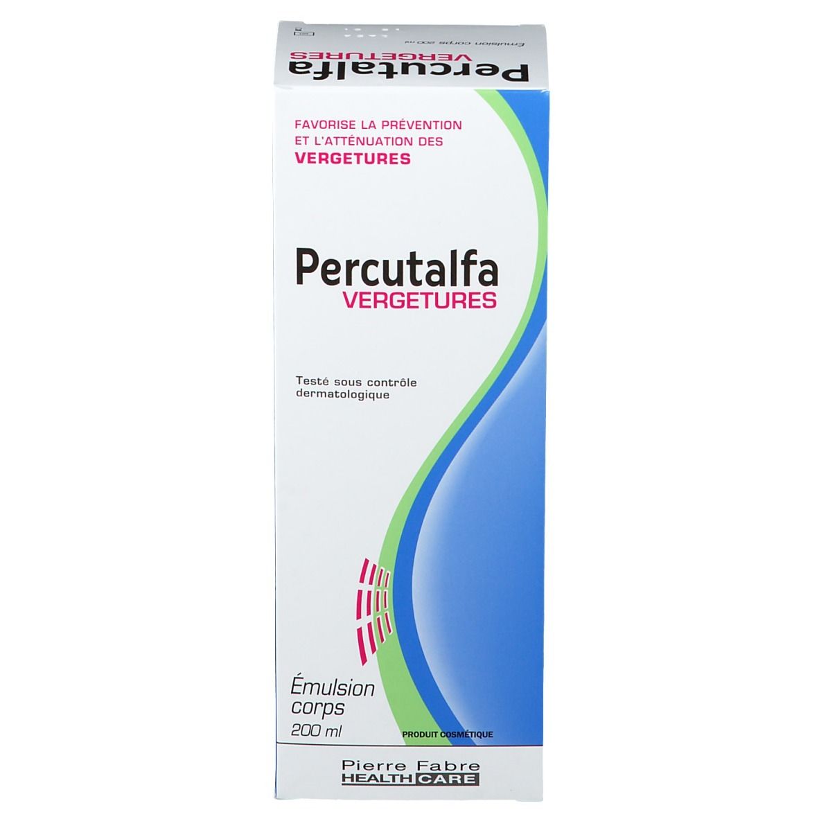 Emballage du produit. Blanc avec des accents bleus et verts. Inscription: Percutalfa Vergetures. Texte: Favorise la prévention et l'atténuation des vergetures.