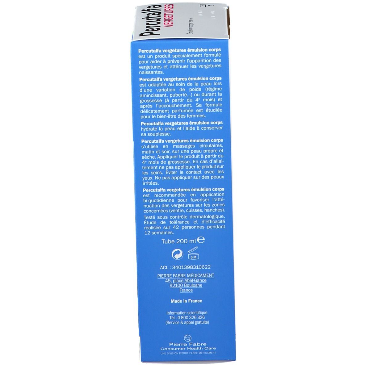 Vue latérale de l'emballage du produit. Bleu avec texte blanc. Inscription: Percutalfa Vergetures. Texte: Émulsion corps 200 ml.