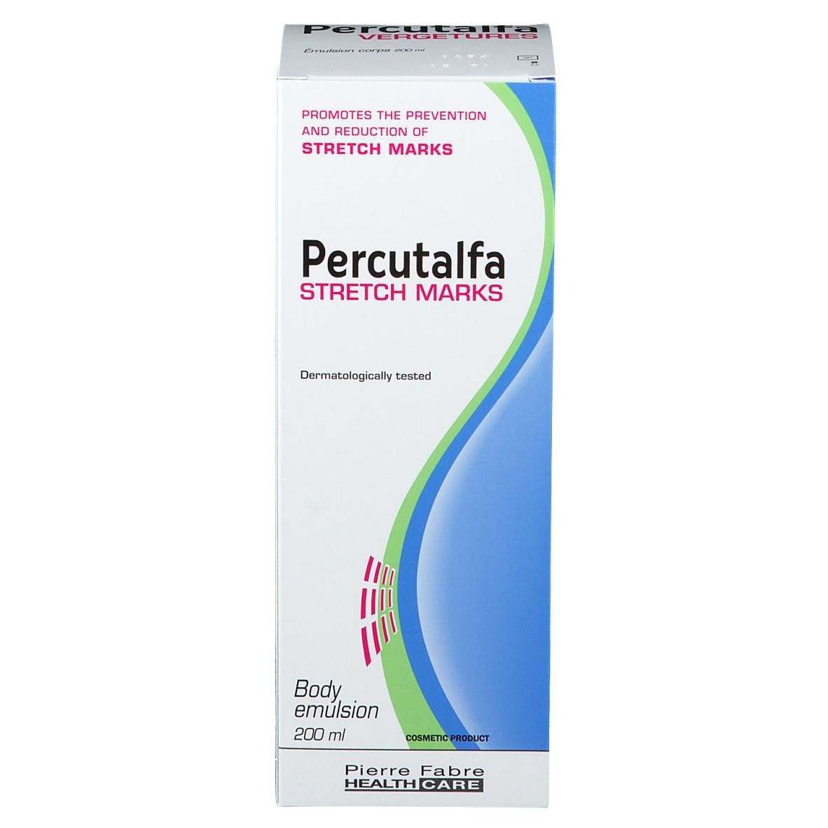 Emballage du produit. Blanc avec des accents bleus et verts. Inscription: Percutalfa Stretch Marks. Texte: Promotes the prevention and reduction of stretch marks.