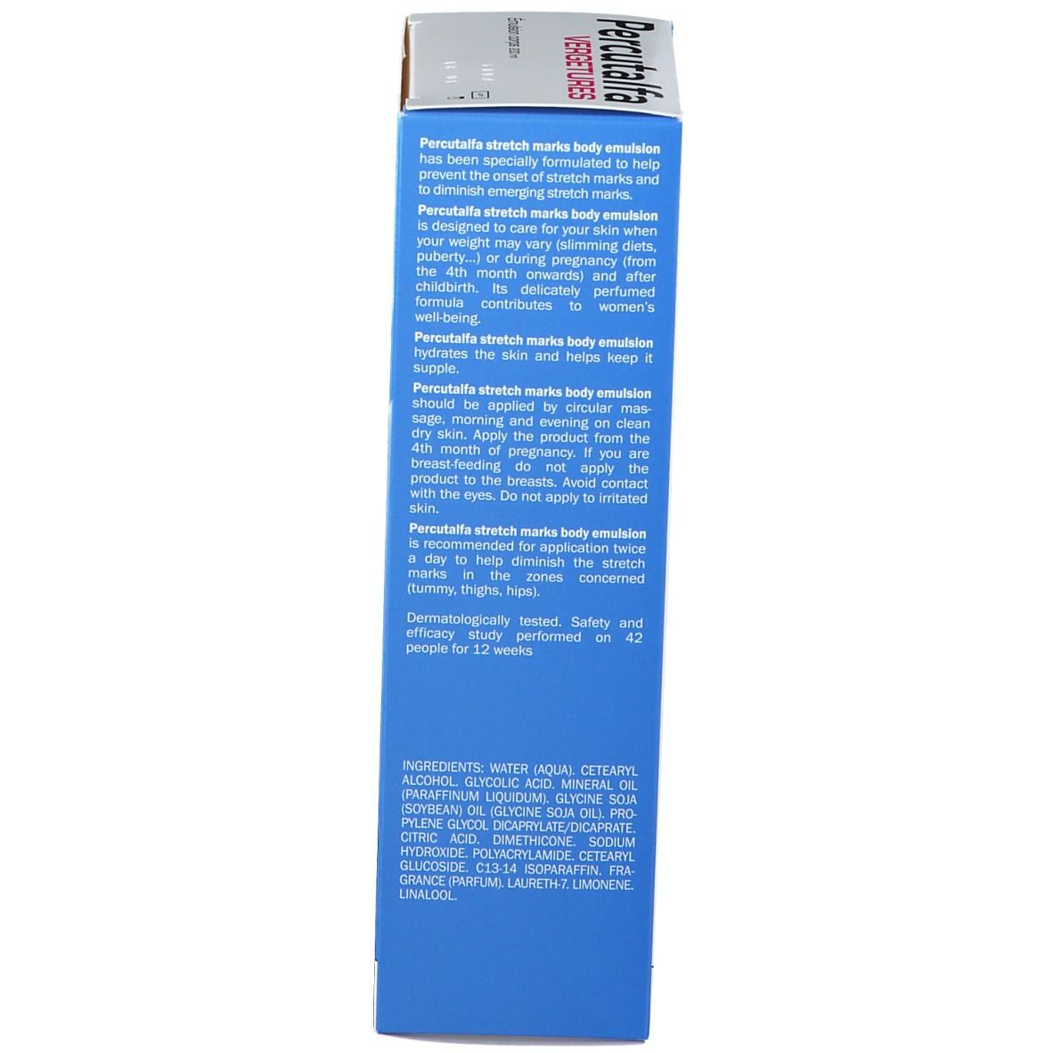 Vue latérale de l'emballage du produit. Bleu avec texte blanc. Inscription: Percutalfa Stretch Marks. Texte: Body emulsion 200 ml. Ingrédients et instructions.