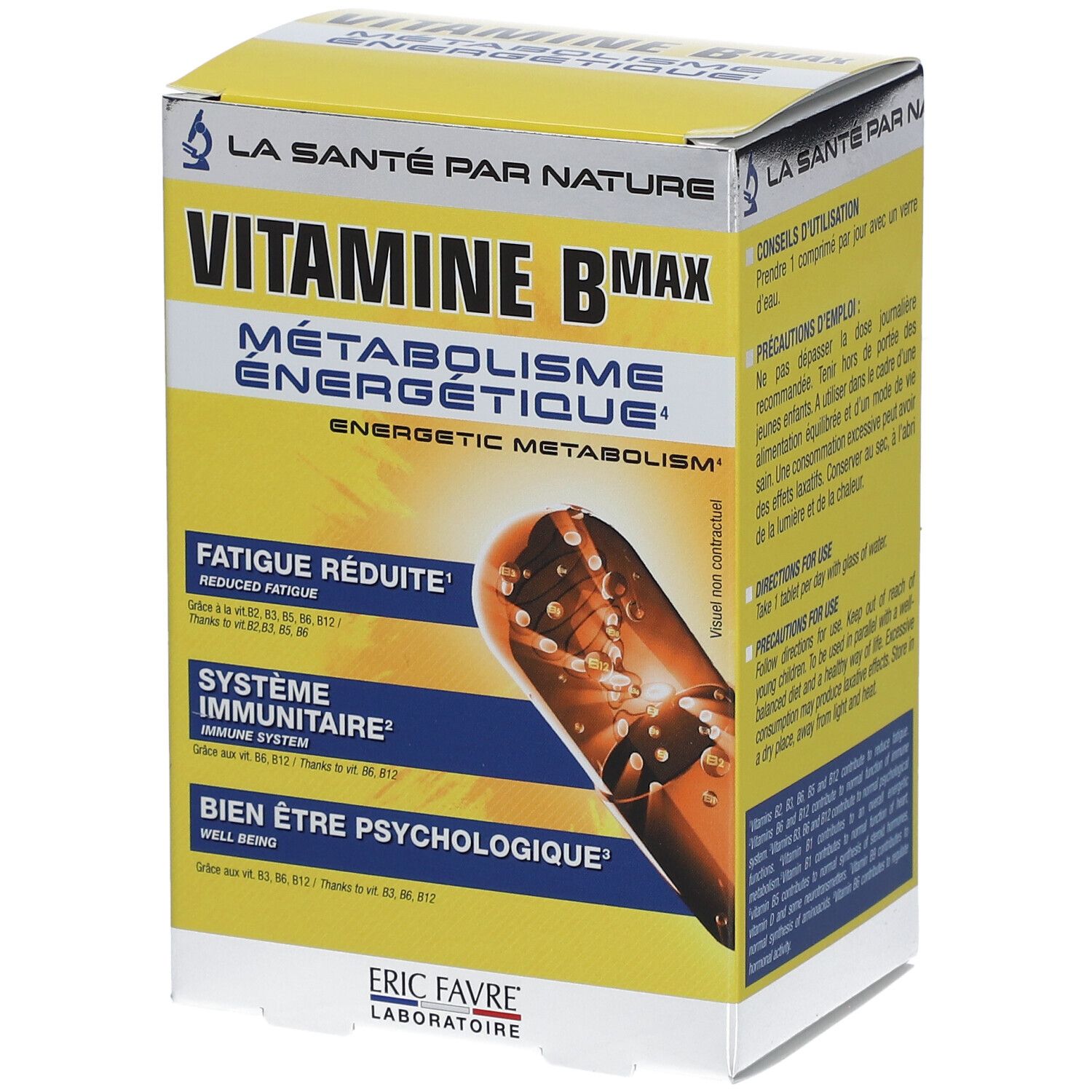 Boîte jaune "VITAMINE B MAX". Image de capsule. Texte : "FATIGUE RÉDUITE", "SYSTÈME IMMUNITAIRE", "BIEN ÊTRE PSYCHOLOGIQUE".