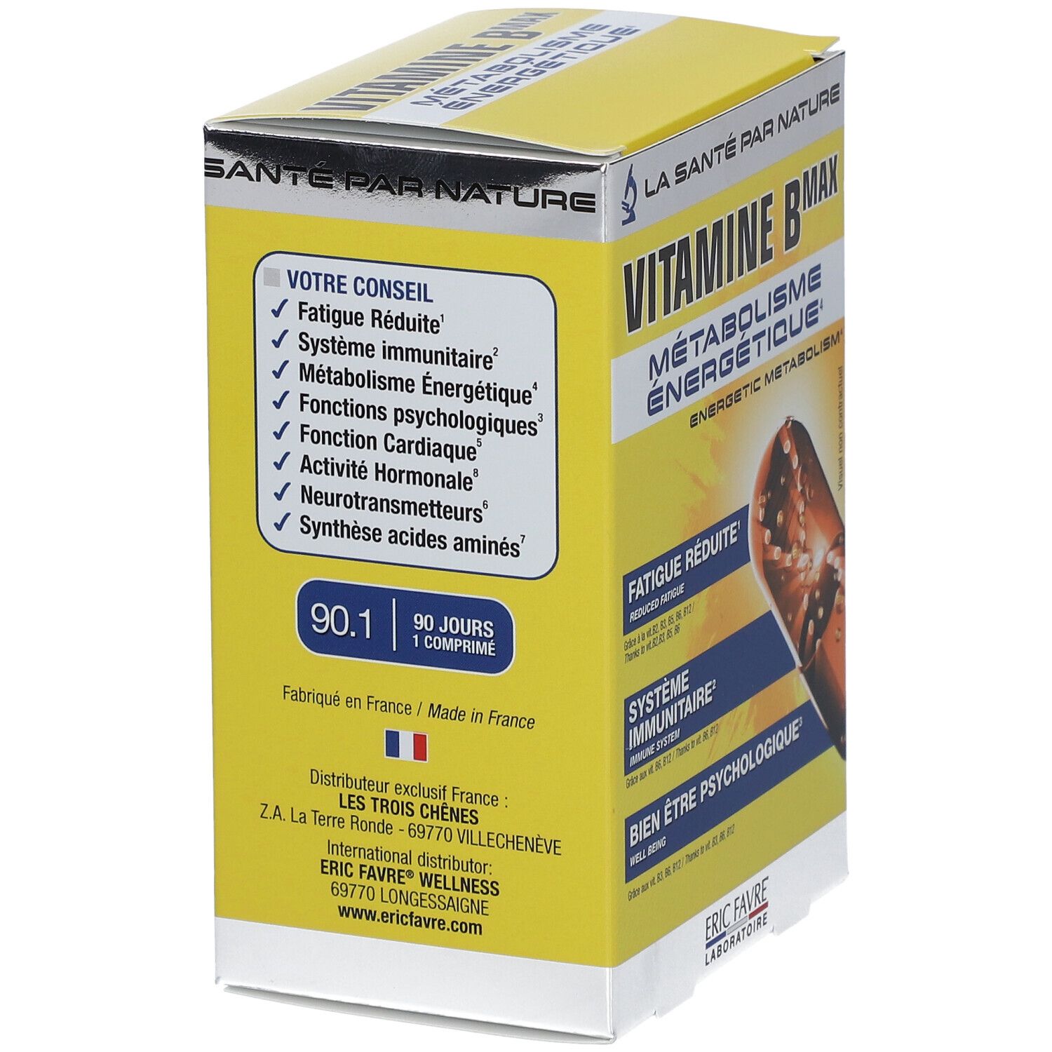 Boîte jaune, "VITAMINE B MAX". Texte : "FATIGUE RÉDUITE", "SYSTÈME IMMUNITAIRE", "BIEN ÊTRE PSYCHOLOGIQUE". 90 comprimés, 90 jours.