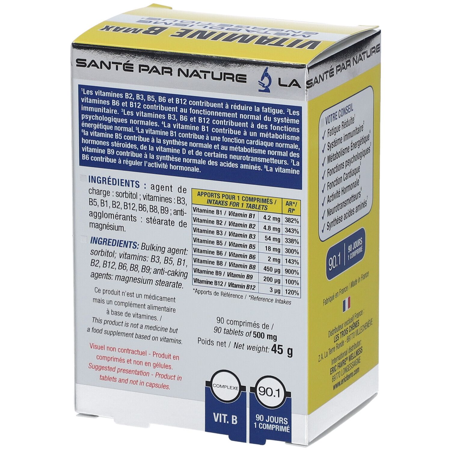 Boîte jaune, "VITAMINE B MAX". Texte : ingrédients, informations nutritionnelles. 90 comprimés, 500mg. Poids : 45g. Logo "90.1".